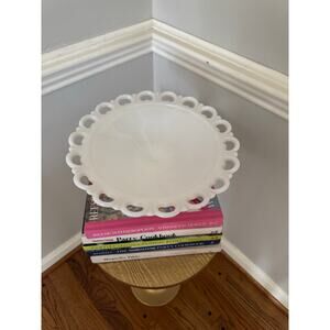 Vintage Milk Glass Pedestal Bowl Compote Lace Edge Open Loop Rim 11” x 5.5”